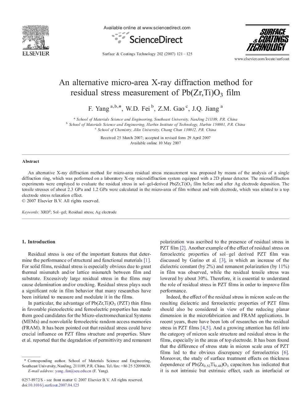 An alternative micro-area X-ray diffraction method for residual stress measurement of Pb(Zr,Ti)O3 film