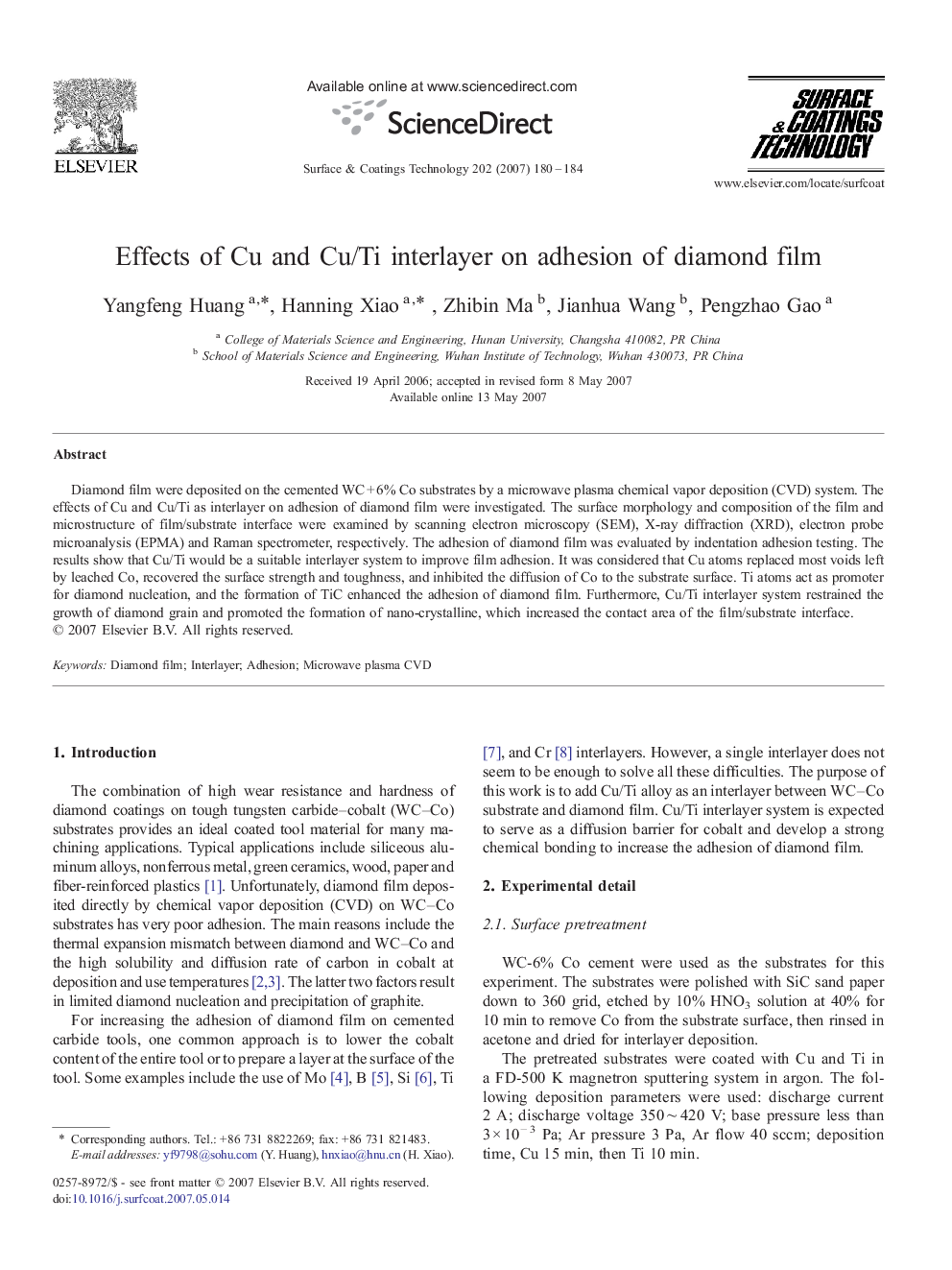 Effects of Cu and Cu/Ti interlayer on adhesion of diamond film