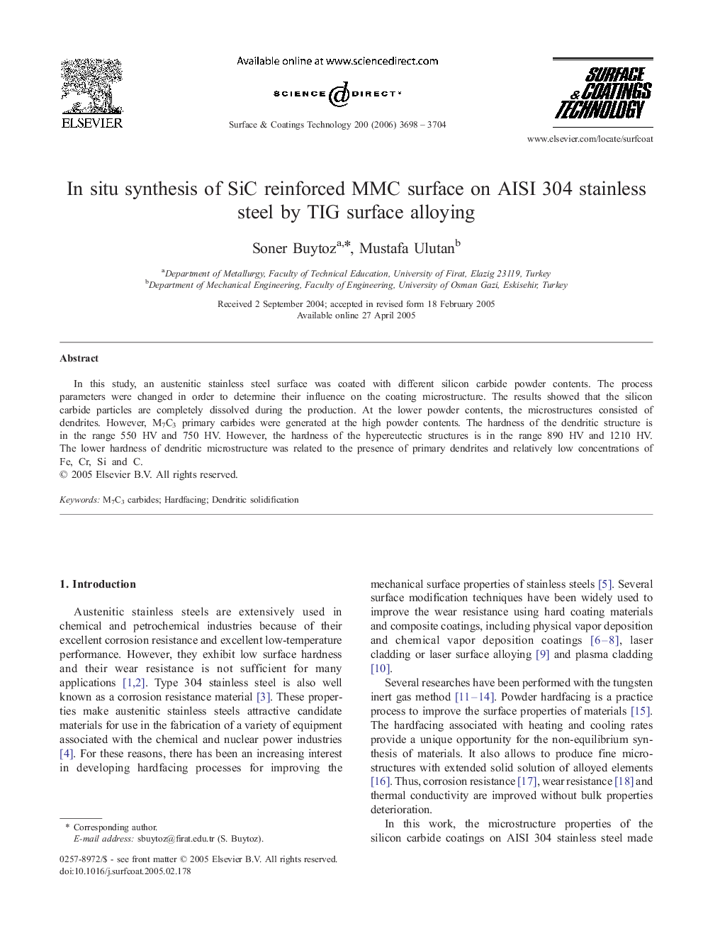 In situ synthesis of SiC reinforced MMC surface on AISI 304 stainless steel by TIG surface alloying