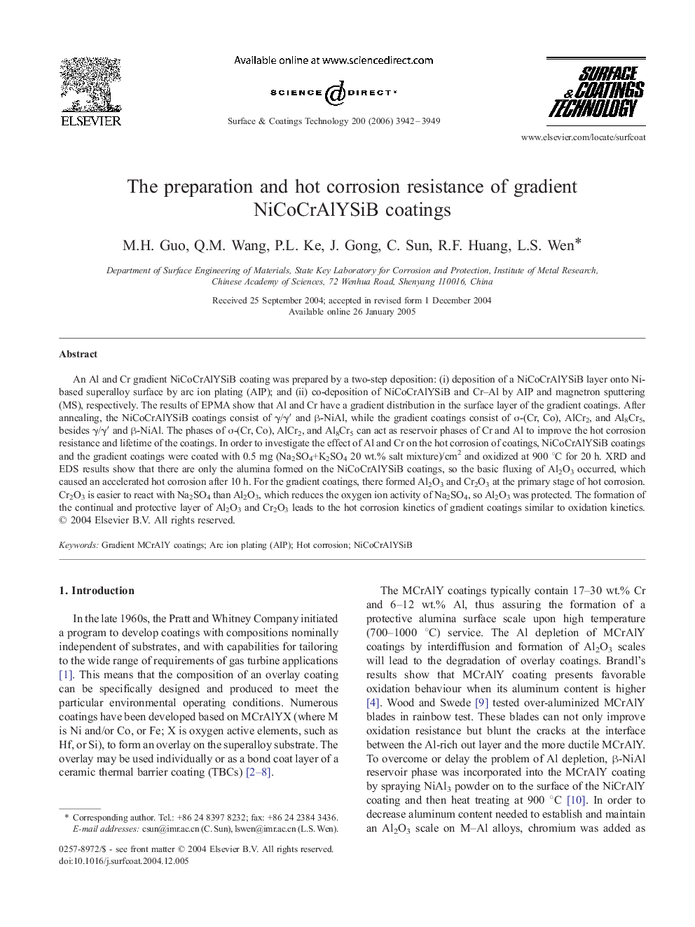 The preparation and hot corrosion resistance of gradient NiCoCrAlYSiB coatings