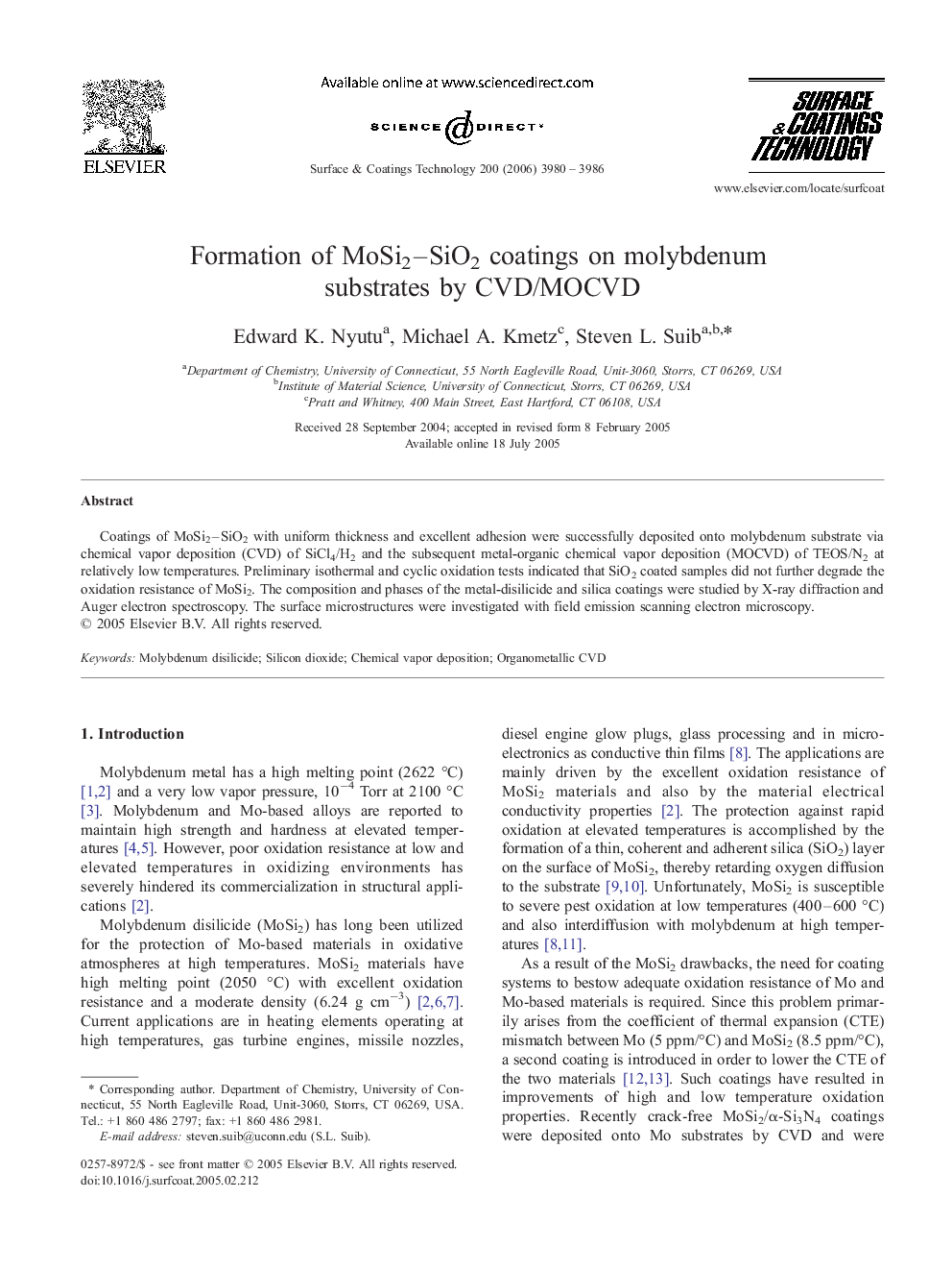 Formation of MoSi2–SiO2 coatings on molybdenum substrates by CVD/MOCVD