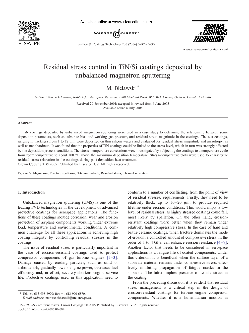 Residual stress control in TiN/Si coatings deposited by unbalanced magnetron sputtering