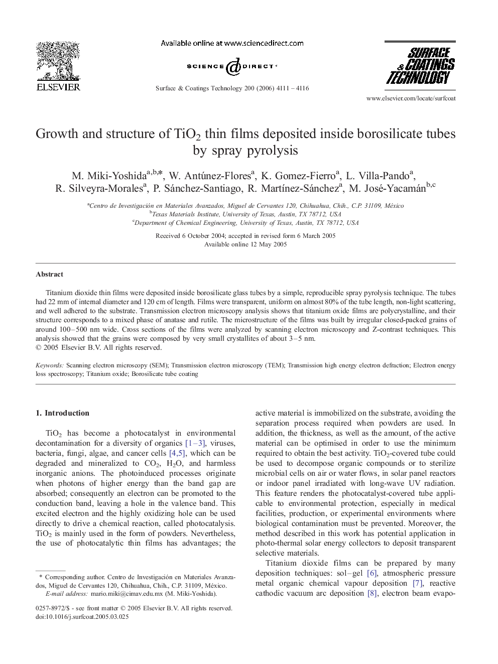 Growth and structure of TiO2 thin films deposited inside borosilicate tubes by spray pyrolysis