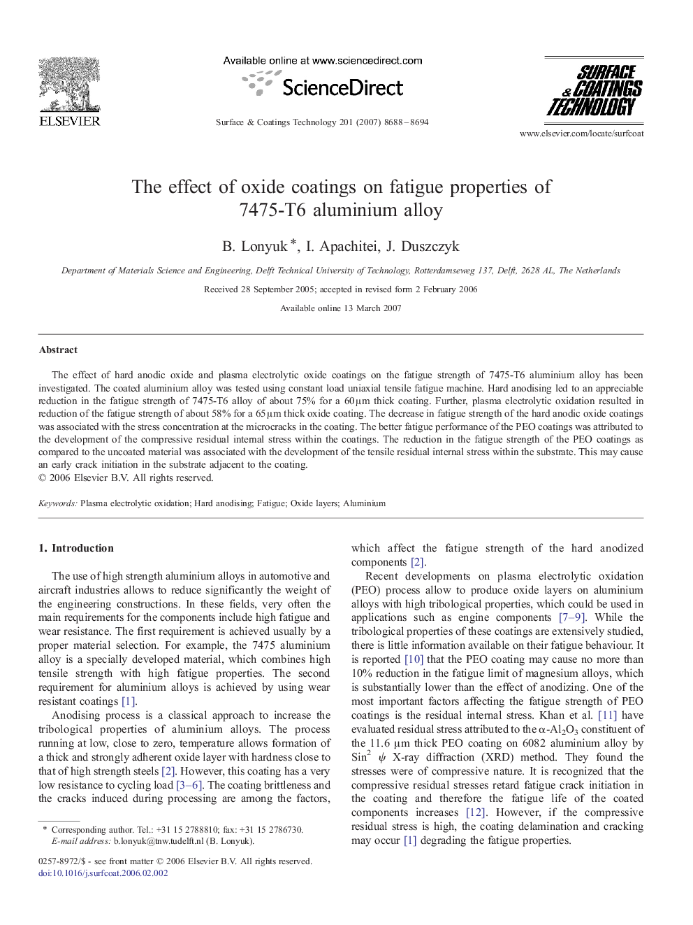 The effect of oxide coatings on fatigue properties of 7475-T6 aluminium alloy