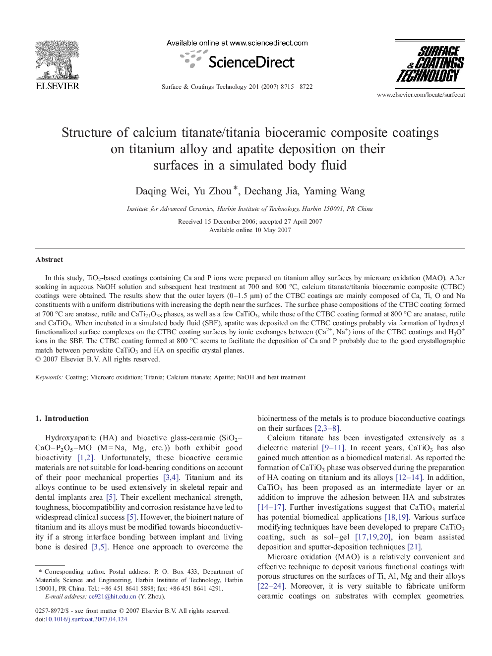 Structure of calcium titanate/titania bioceramic composite coatings on titanium alloy and apatite deposition on their surfaces in a simulated body fluid