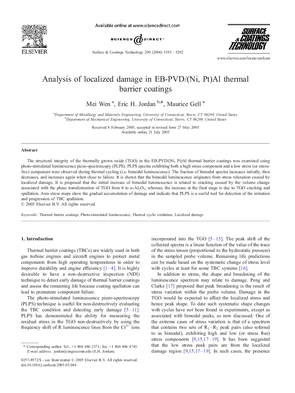 Analysis of localized damage in EB-PVD/(Ni, Pt)Al thermal barrier coatings