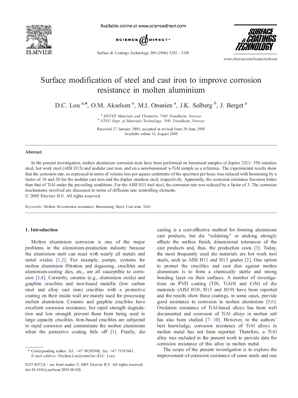 Surface modification of steel and cast iron to improve corrosion resistance in molten aluminium