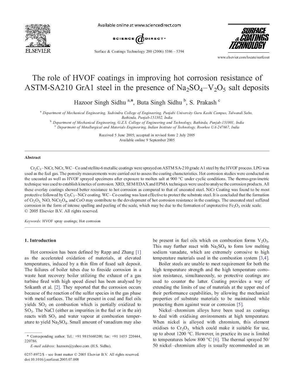 The role of HVOF coatings in improving hot corrosion resistance of ASTM-SA210 GrA1 steel in the presence of Na2SO4-V2O5 salt deposits