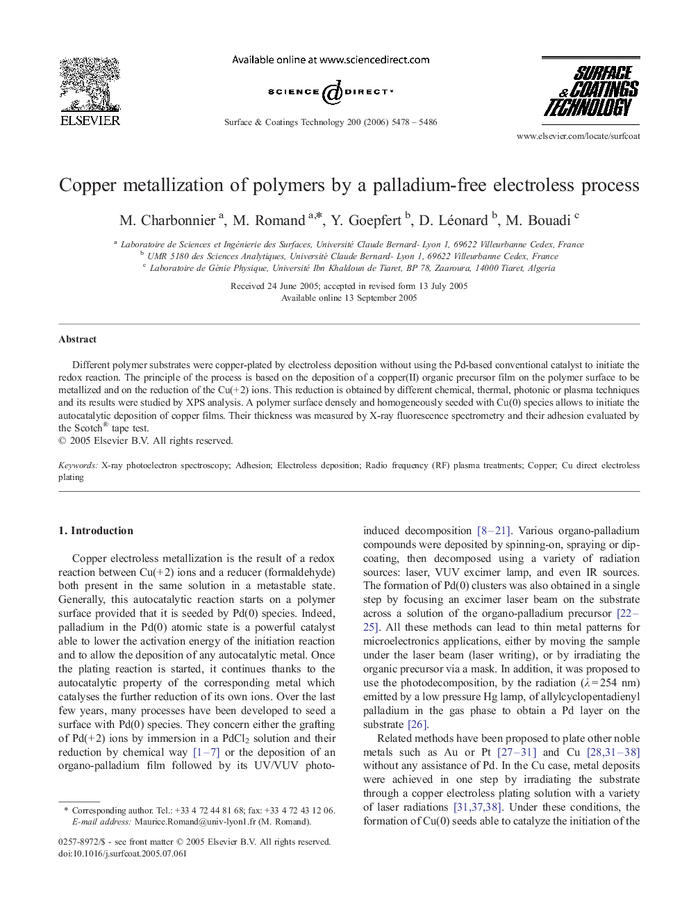 Copper metallization of polymers by a palladium-free electroless process