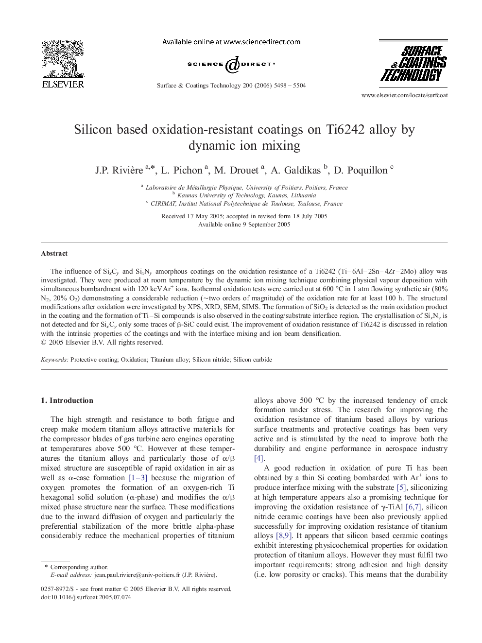 Silicon based oxidation-resistant coatings on Ti6242 alloy by dynamic ion mixing