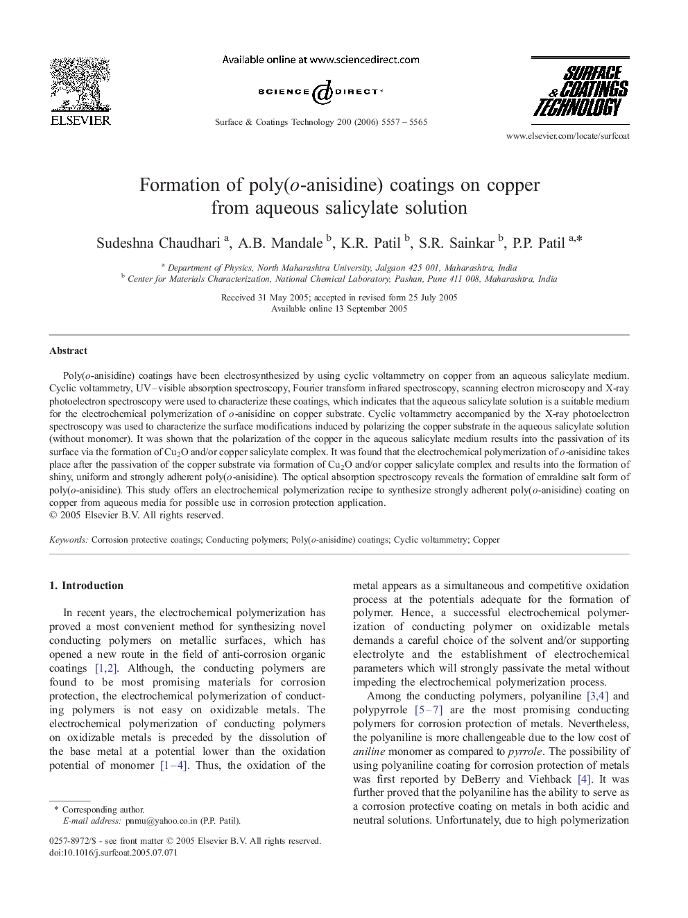 Formation of poly(o-anisidine) coatings on copper from aqueous salicylate solution