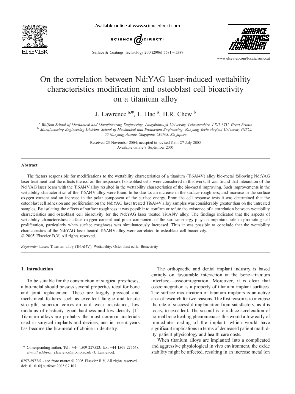 On the correlation between Nd:YAG laser-induced wettability characteristics modification and osteoblast cell bioactivity on a titanium alloy