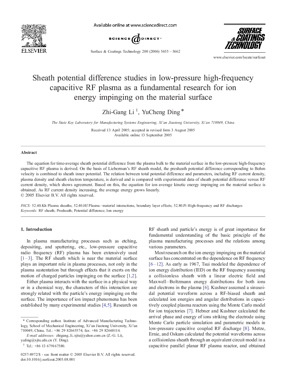 Sheath potential difference studies in low-pressure high-frequency capacitive RF plasma as a fundamental research for ion energy impinging on the material surface