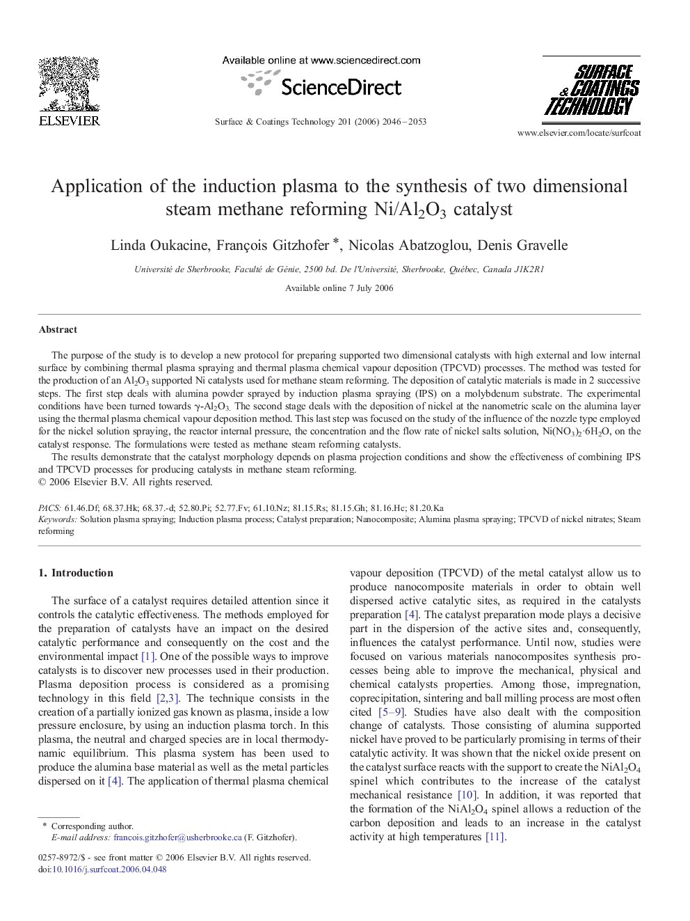 Application of the induction plasma to the synthesis of two dimensional steam methane reforming Ni/Al2O3 catalyst