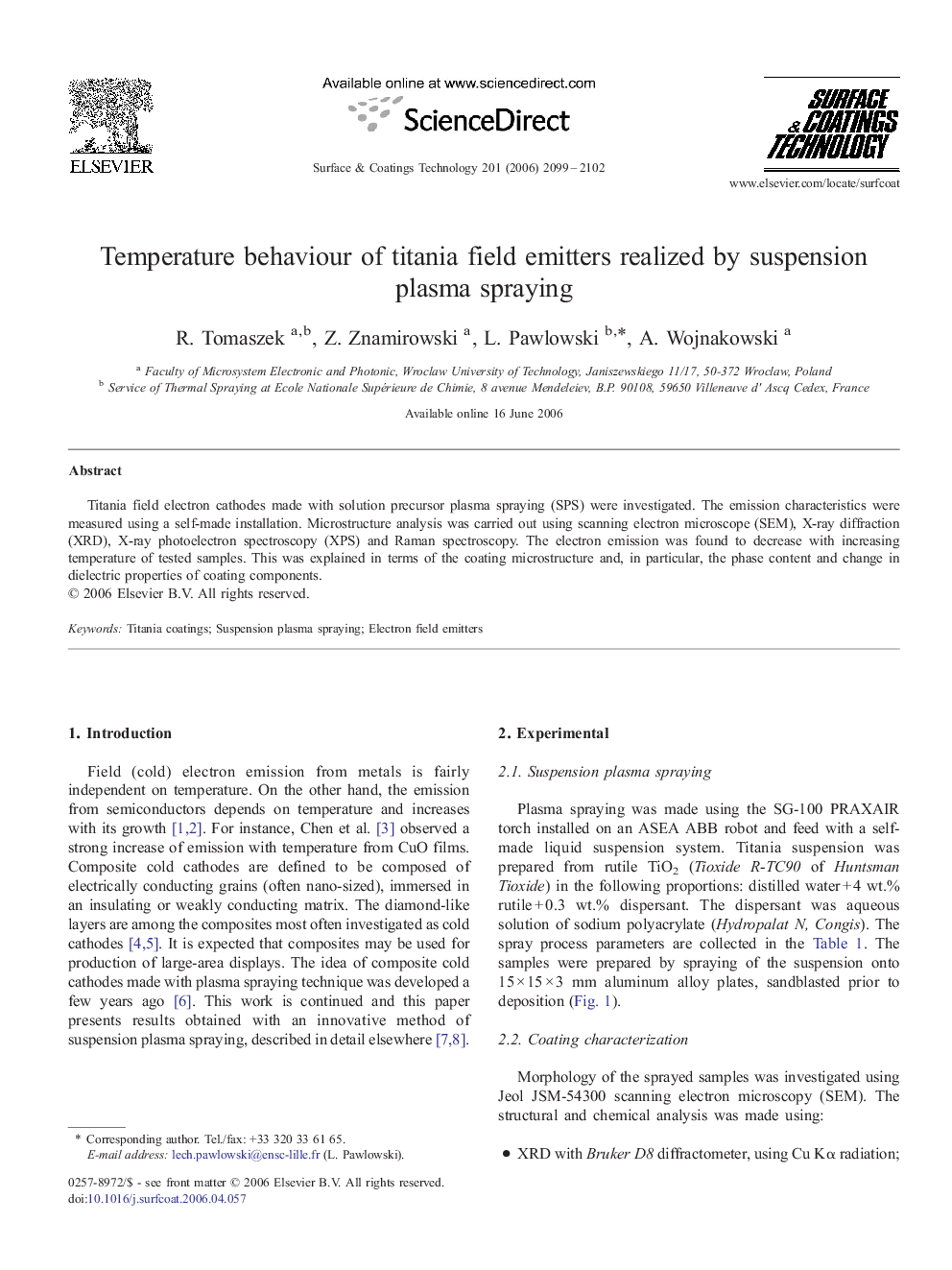 Temperature behaviour of titania field emitters realized by suspension plasma spraying