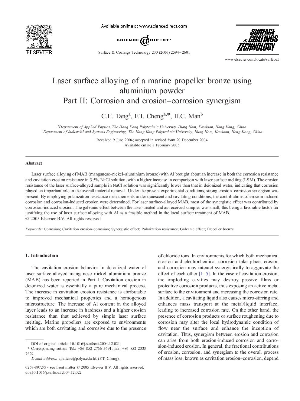 Laser surface alloying of a marine propeller bronze using aluminium powder: Part II: Corrosion and erosion–corrosion synergism