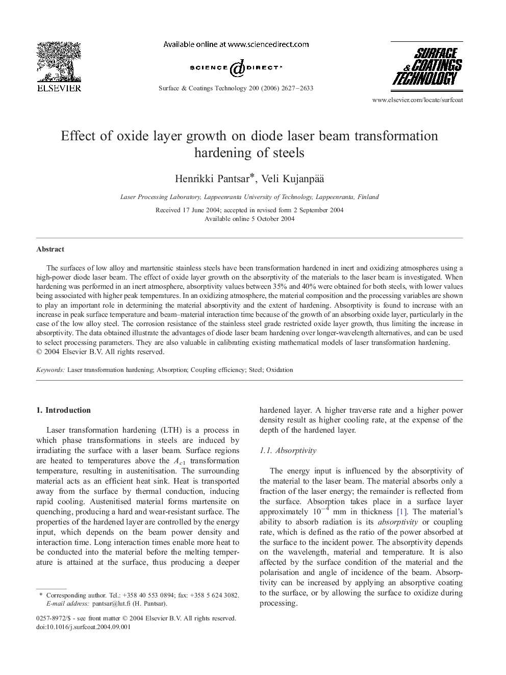 Effect of oxide layer growth on diode laser beam transformation hardening of steels