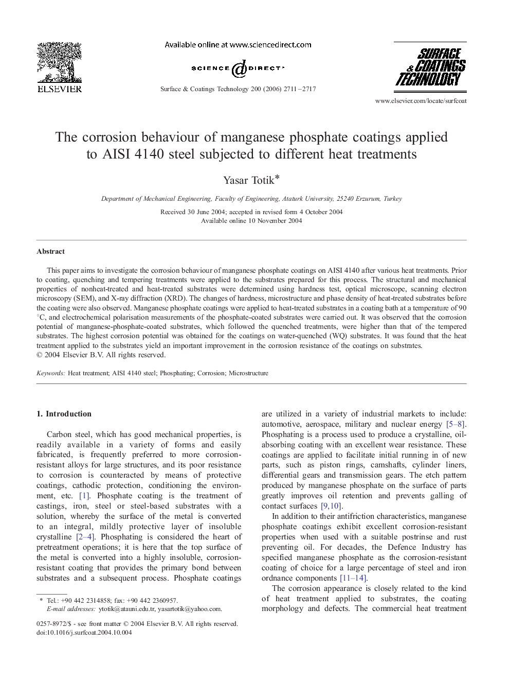 The corrosion behaviour of manganese phosphate coatings applied to AISI 4140 steel subjected to different heat treatments