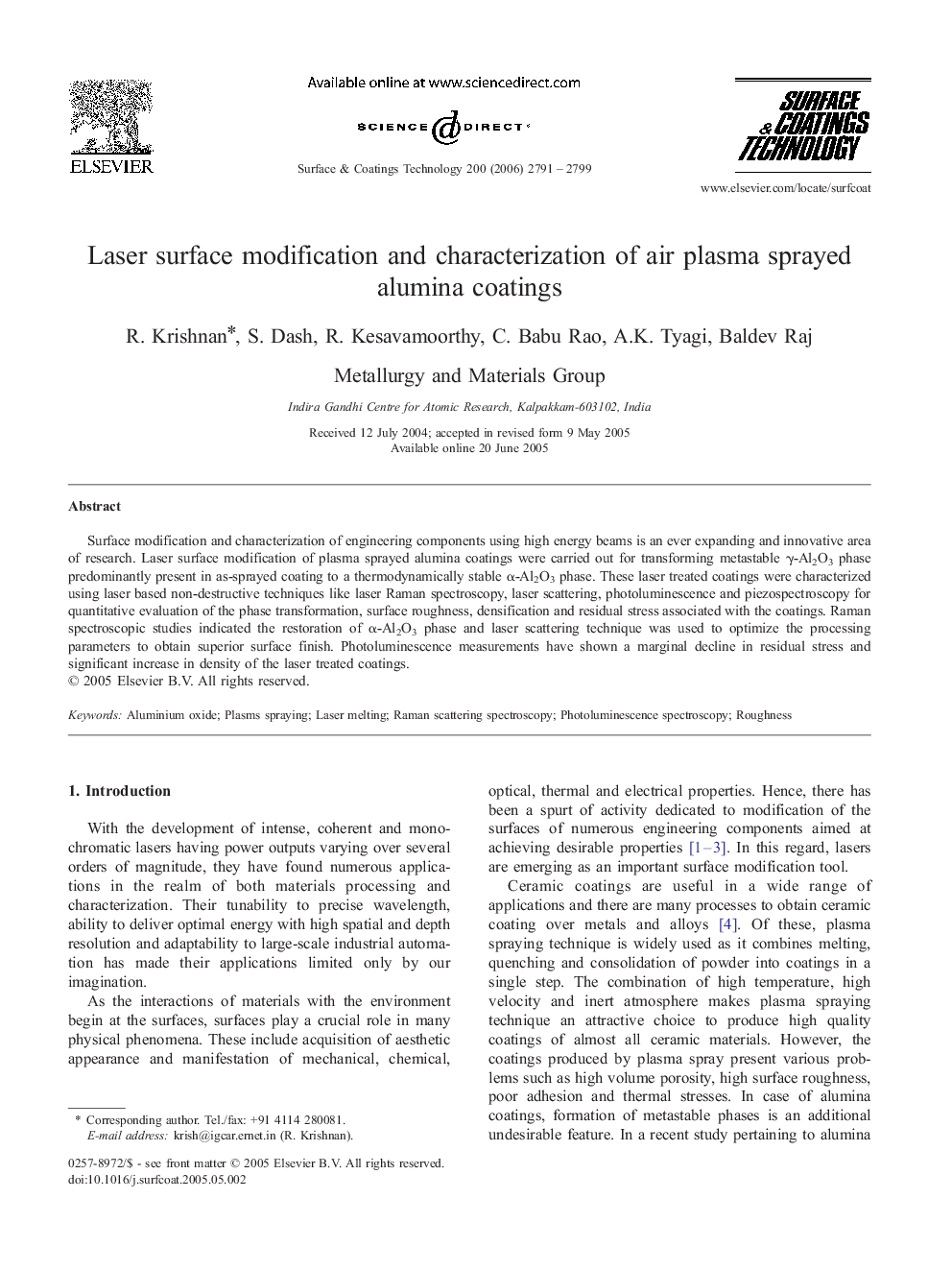Laser surface modification and characterization of air plasma sprayed alumina coatings