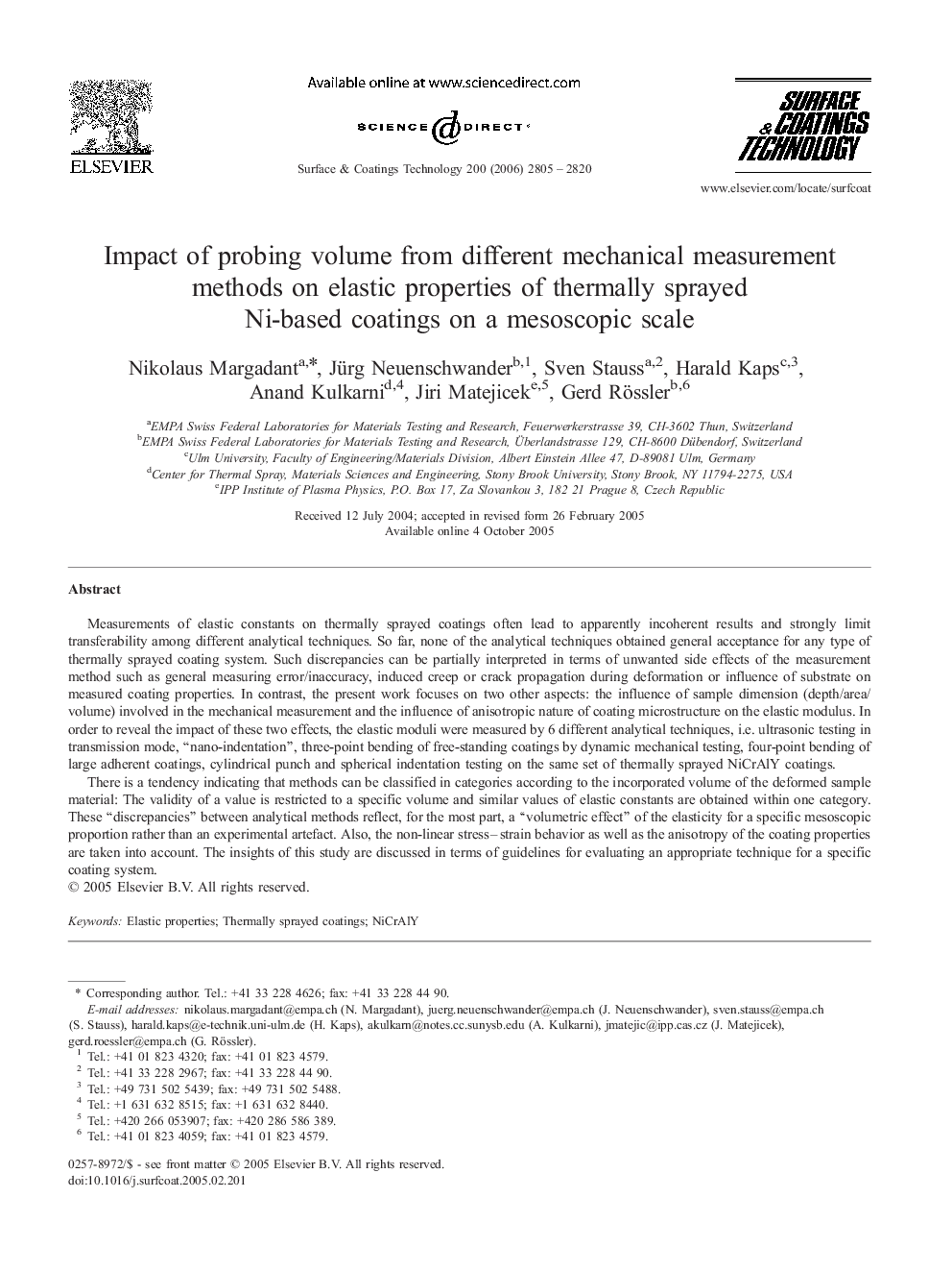 Impact of probing volume from different mechanical measurement methods on elastic properties of thermally sprayed Ni-based coatings on a mesoscopic scale