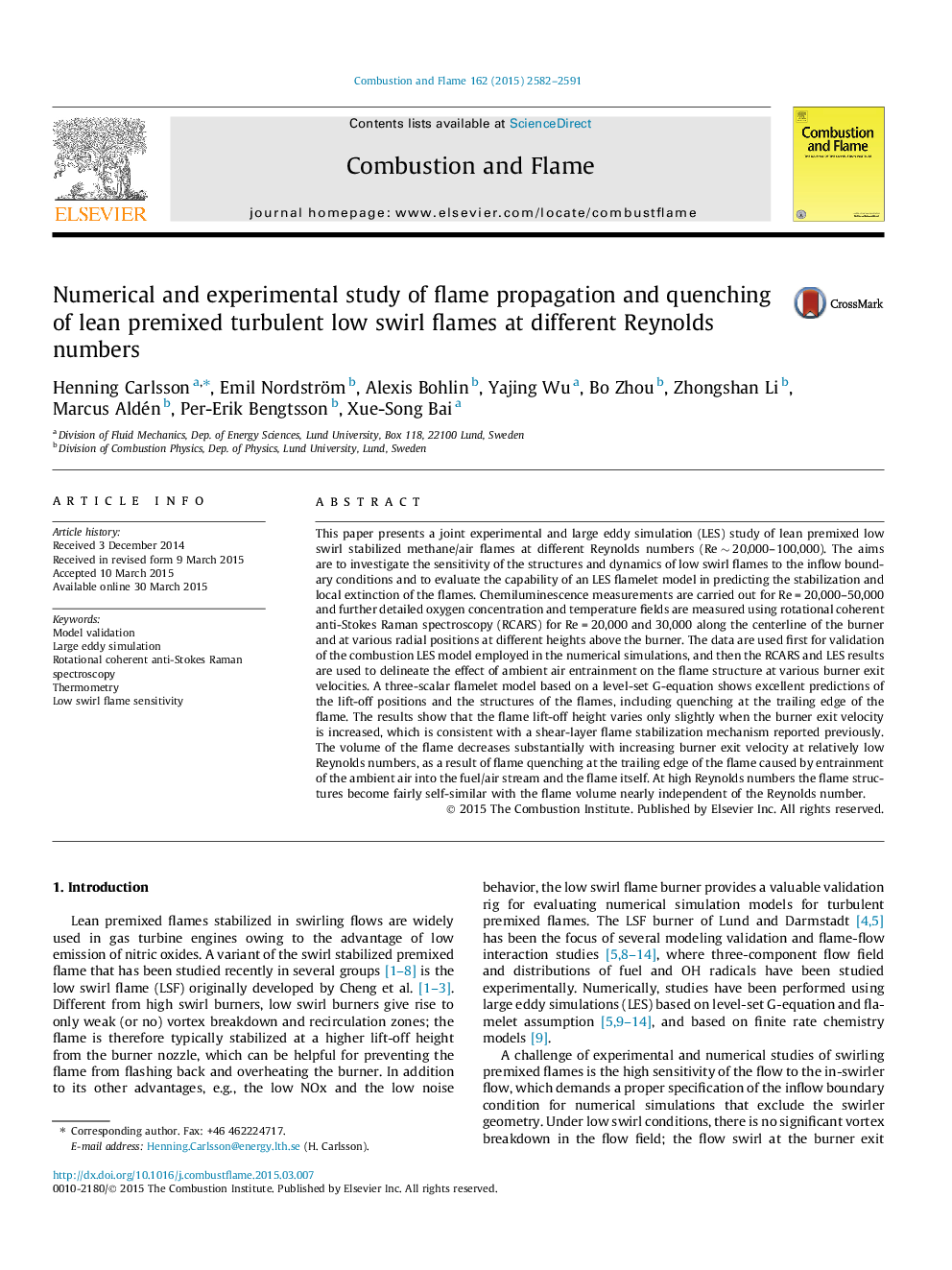 Numerical and experimental study of flame propagation and quenching of lean premixed turbulent low swirl flames at different Reynolds numbers