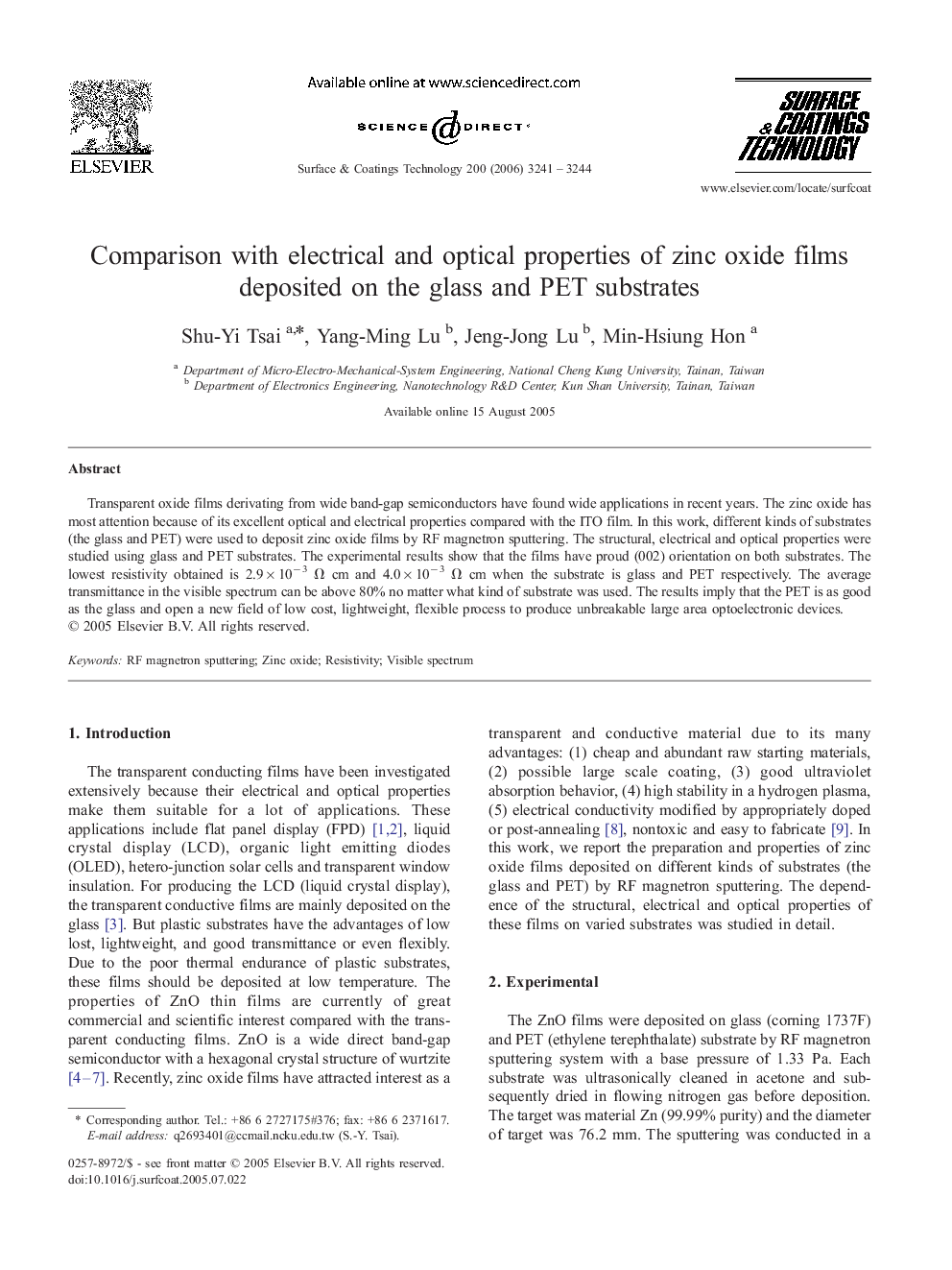 Comparison with electrical and optical properties of zinc oxide films deposited on the glass and PET substrates