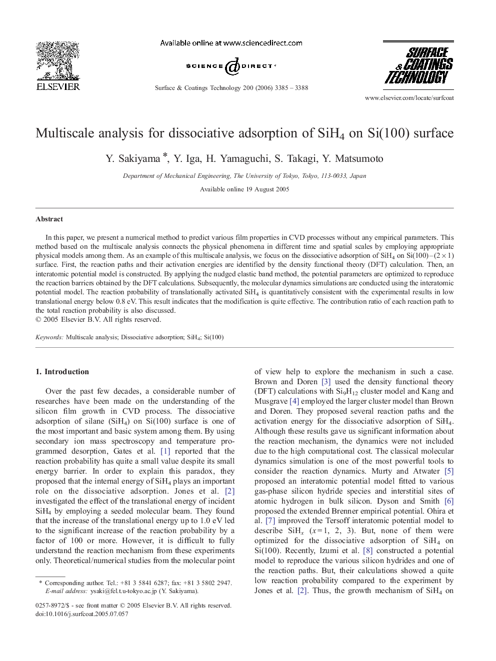 Multiscale analysis for dissociative adsorption of SiH4 on Si(100) surface