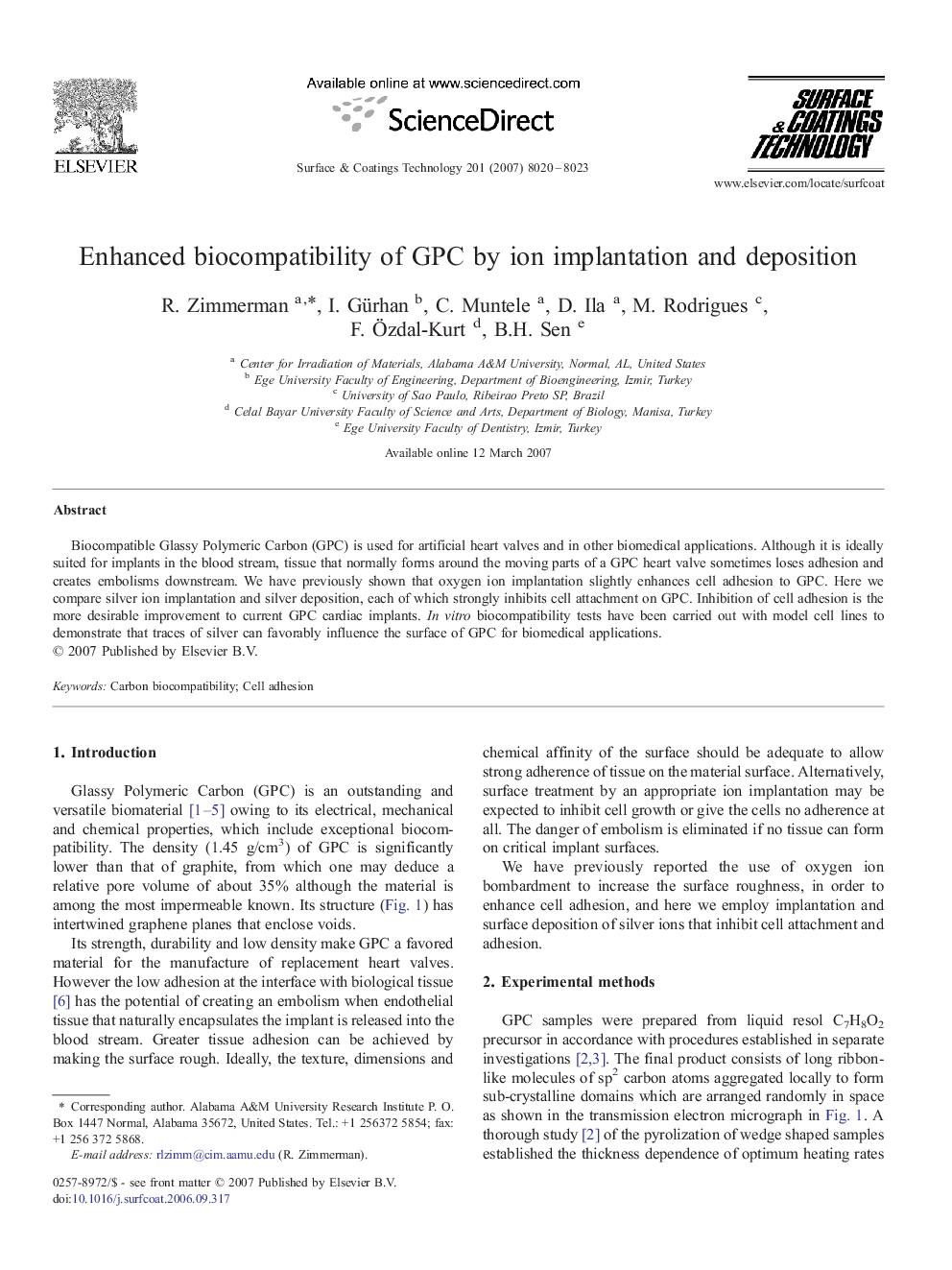 Enhanced biocompatibility of GPC by ion implantation and deposition