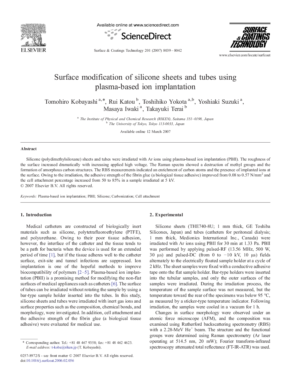 Surface modification of silicone sheets and tubes using plasma-based ion implantation