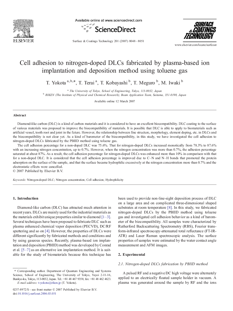 Cell adhesion to nitrogen-doped DLCs fabricated by plasma-based ion implantation and deposition method using toluene gas