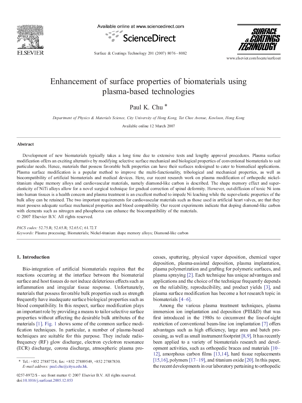 Enhancement of surface properties of biomaterials using plasma-based technologies