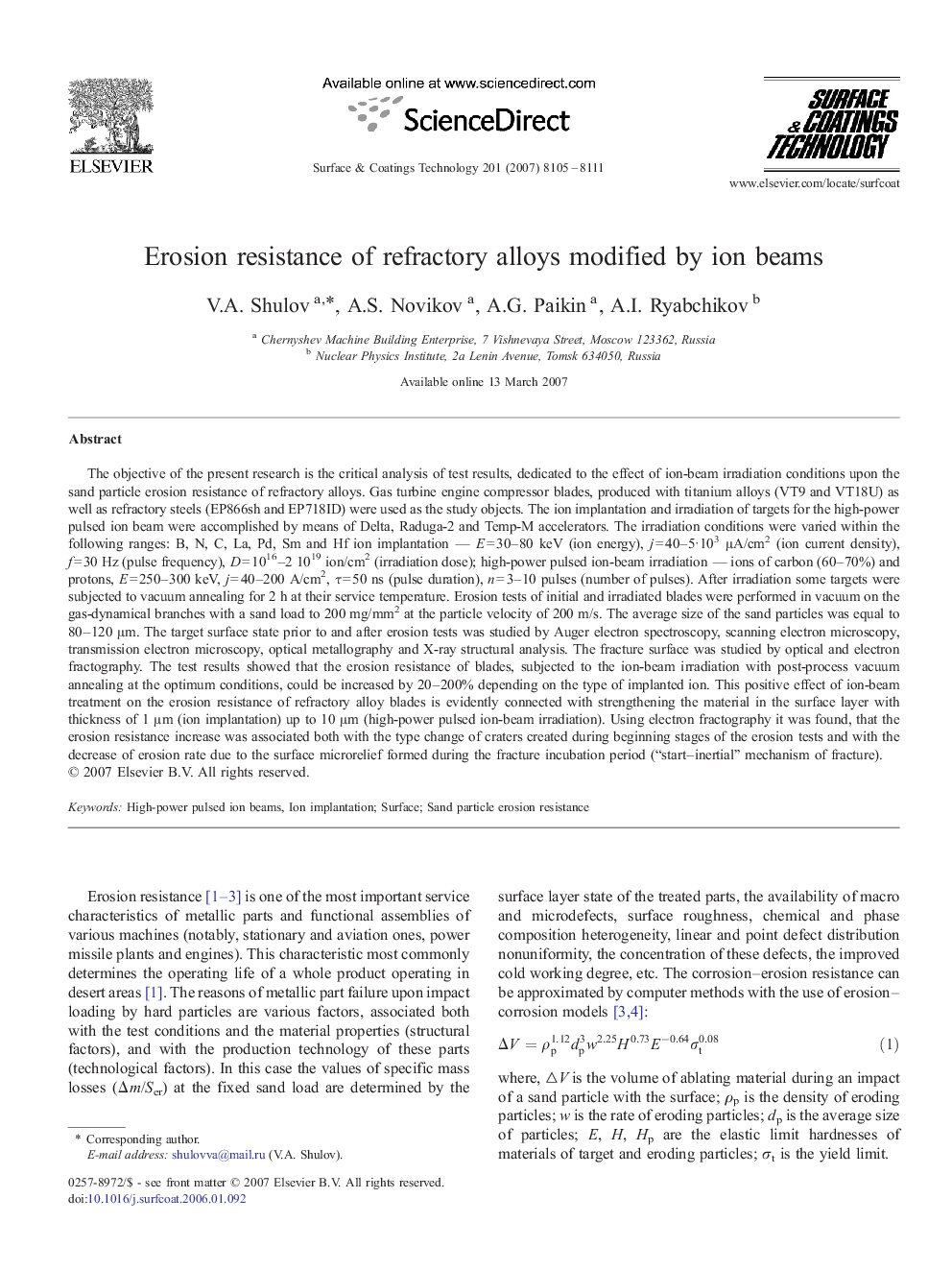 Erosion resistance of refractory alloys modified by ion beams