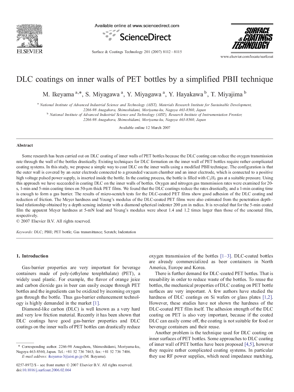 DLC coatings on inner walls of PET bottles by a simplified PBII technique