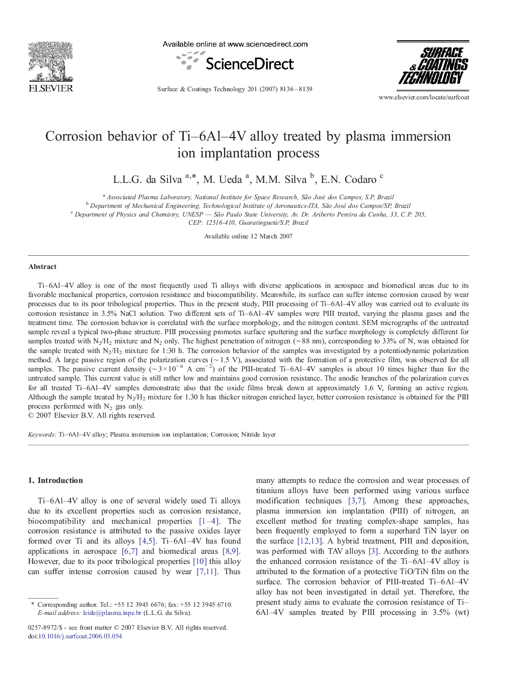 Corrosion behavior of Ti–6Al–4V alloy treated by plasma immersion ion implantation process