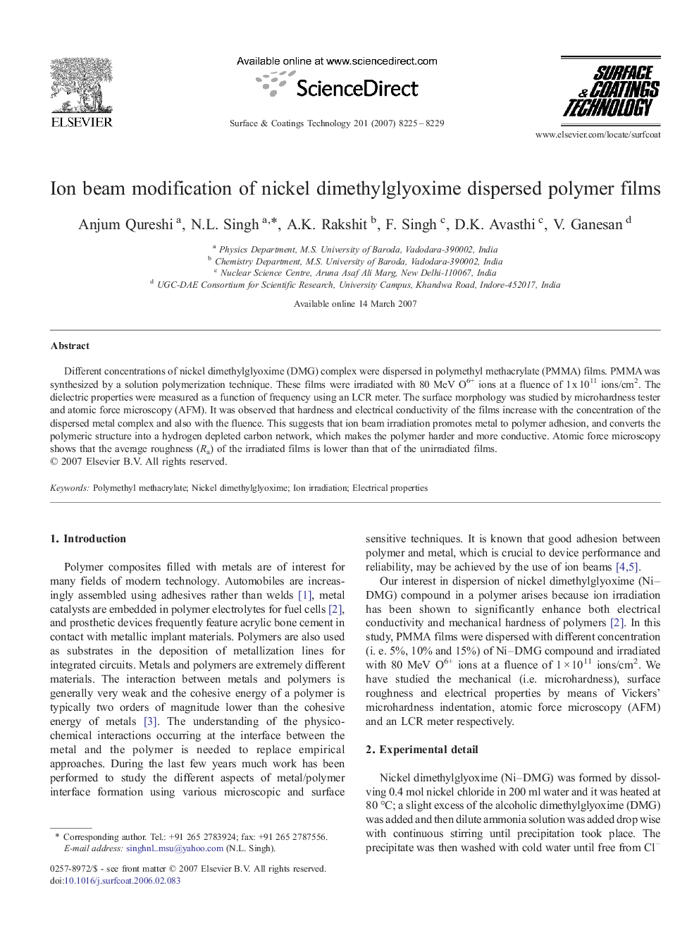 Ion beam modification of nickel dimethylglyoxime dispersed polymer films