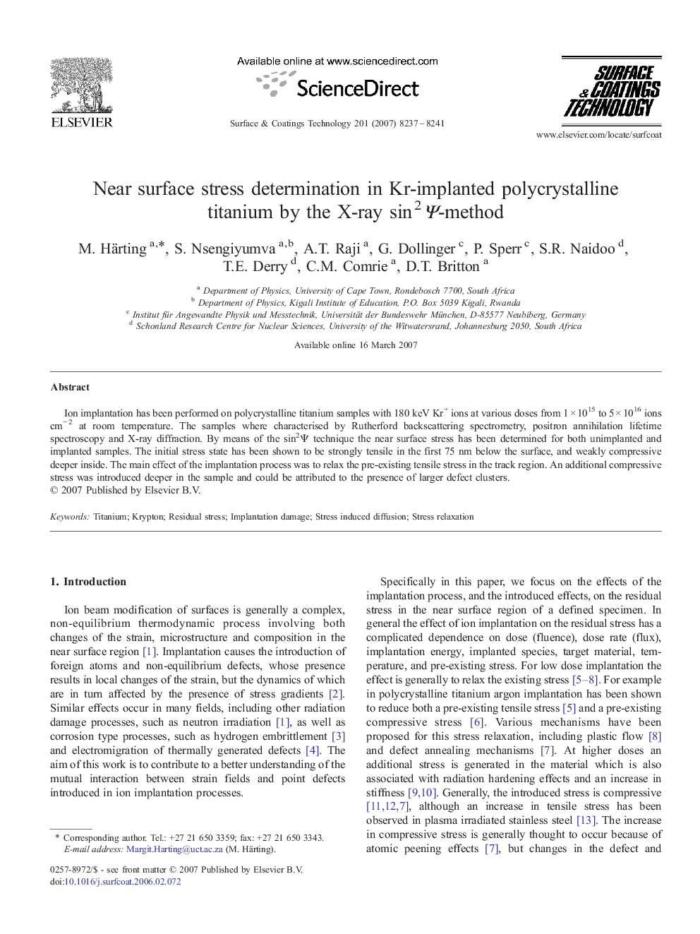 Near surface stress determination in Kr-implanted polycrystalline titanium by the X-ray sin2Î¨-method