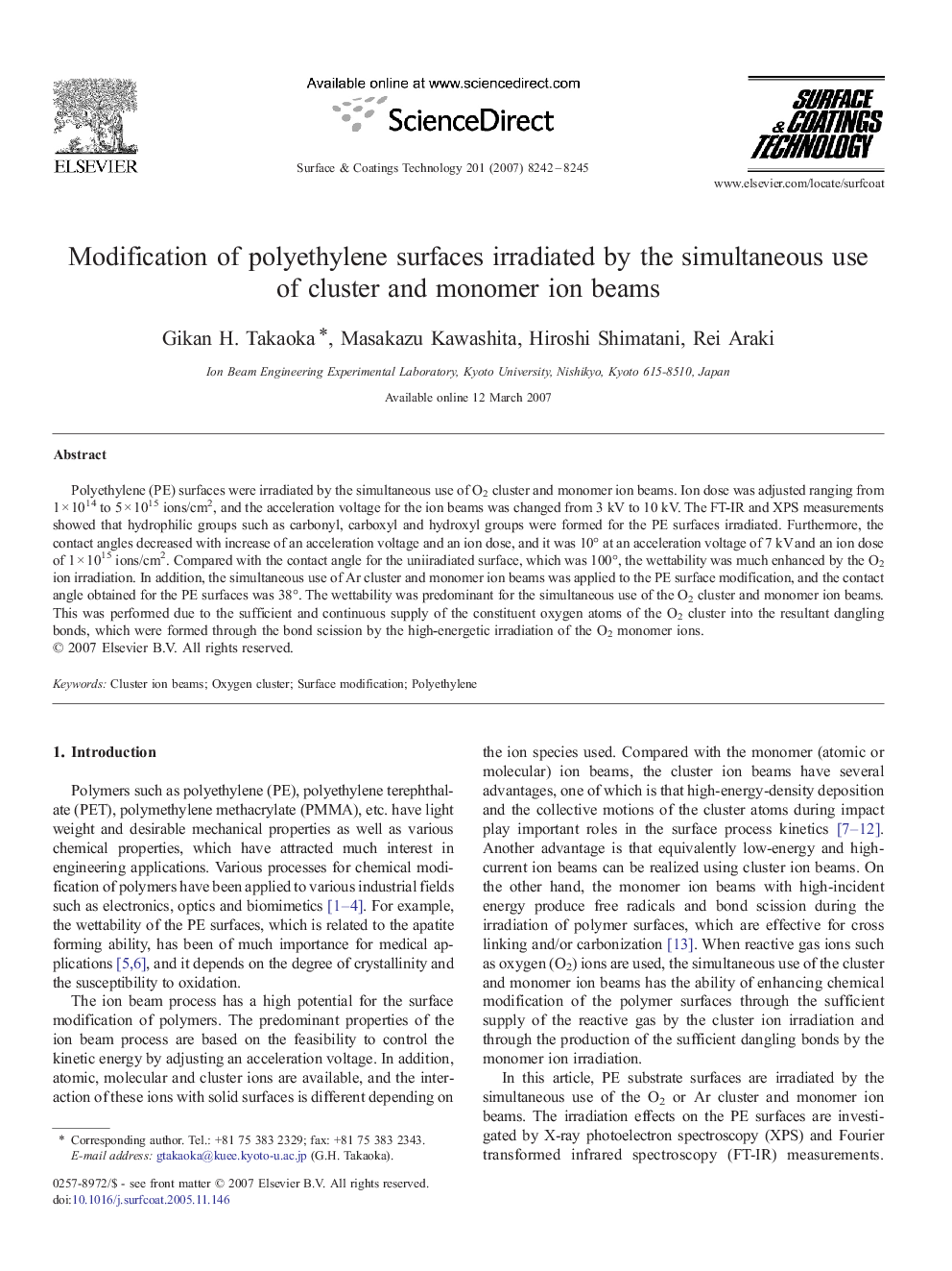 Modification of polyethylene surfaces irradiated by the simultaneous use of cluster and monomer ion beams