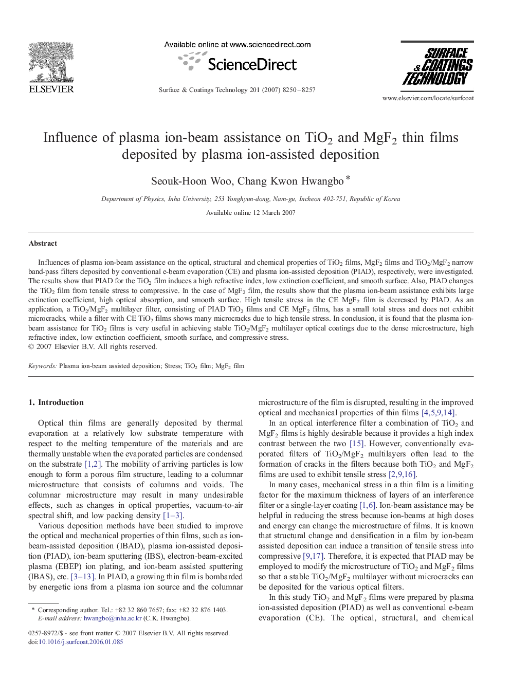 Influence of plasma ion-beam assistance on TiO2 and MgF2 thin films deposited by plasma ion-assisted deposition