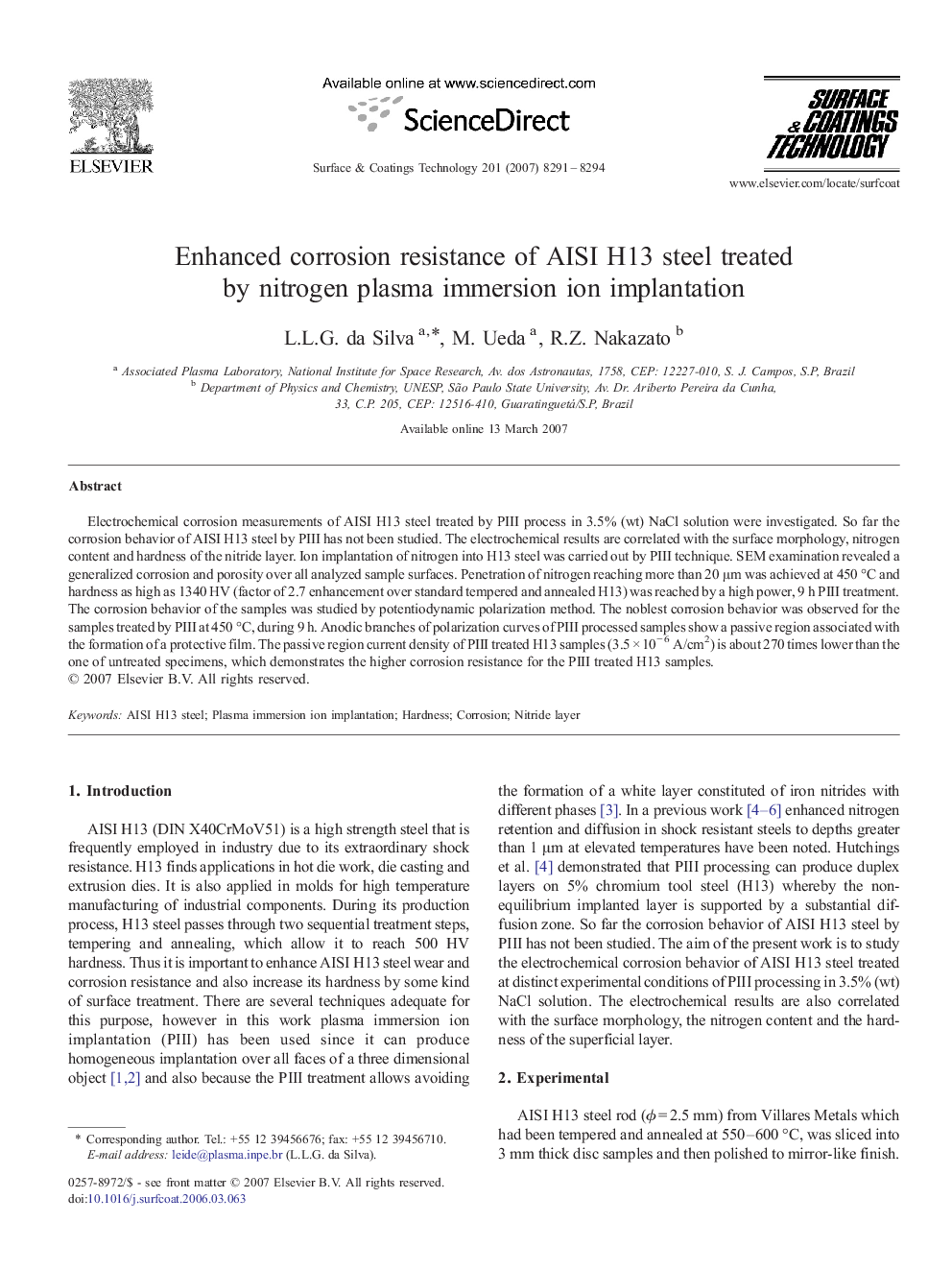 Enhanced corrosion resistance of AISI H13 steel treated by nitrogen plasma immersion ion implantation