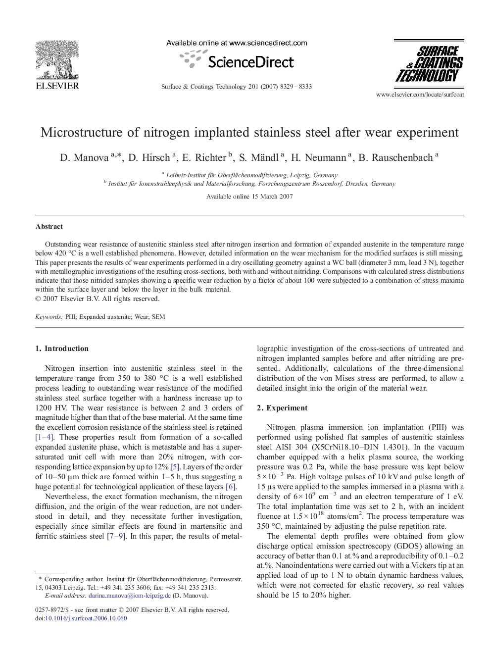 Microstructure of nitrogen implanted stainless steel after wear experiment