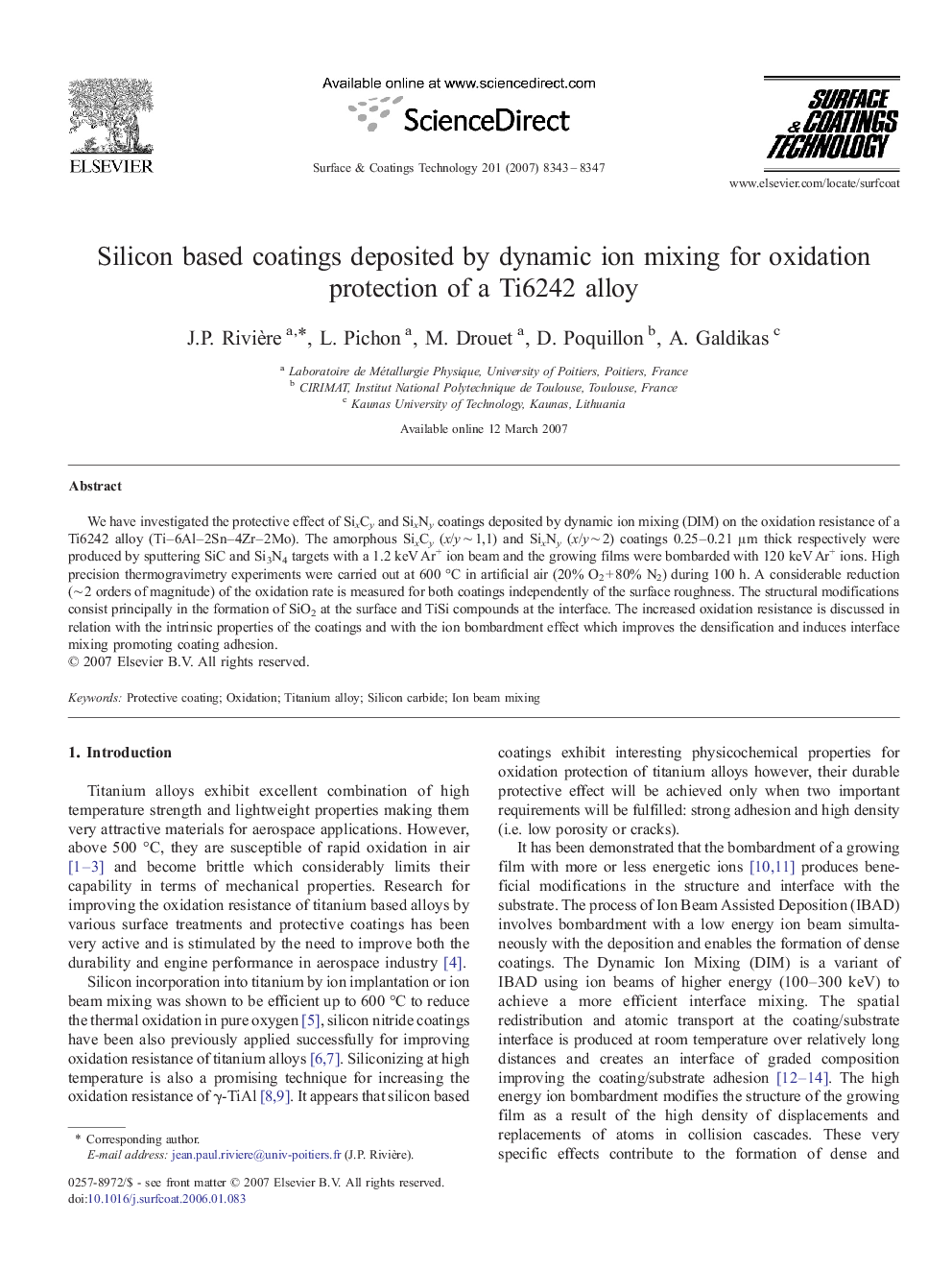 Silicon based coatings deposited by dynamic ion mixing for oxidation protection of a Ti6242 alloy