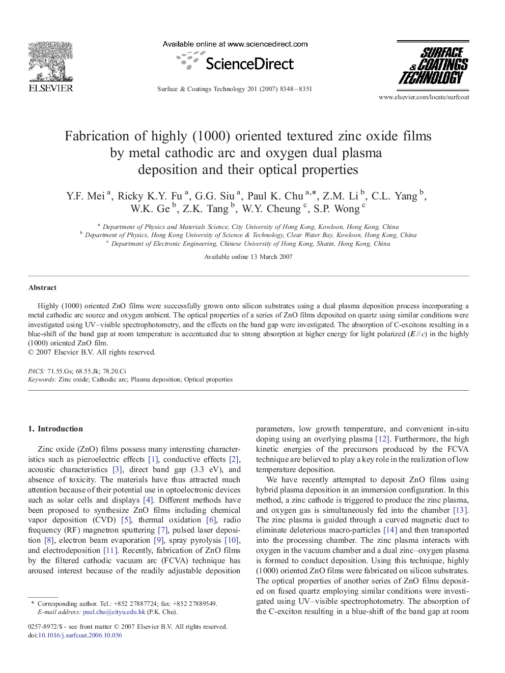 Fabrication of highly (1000) oriented textured zinc oxide films by metal cathodic arc and oxygen dual plasma deposition and their optical properties