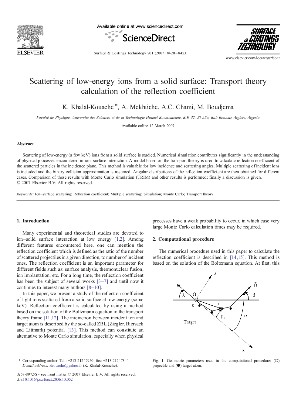 Scattering of low-energy ions from a solid surface: Transport theory calculation of the reflection coefficient