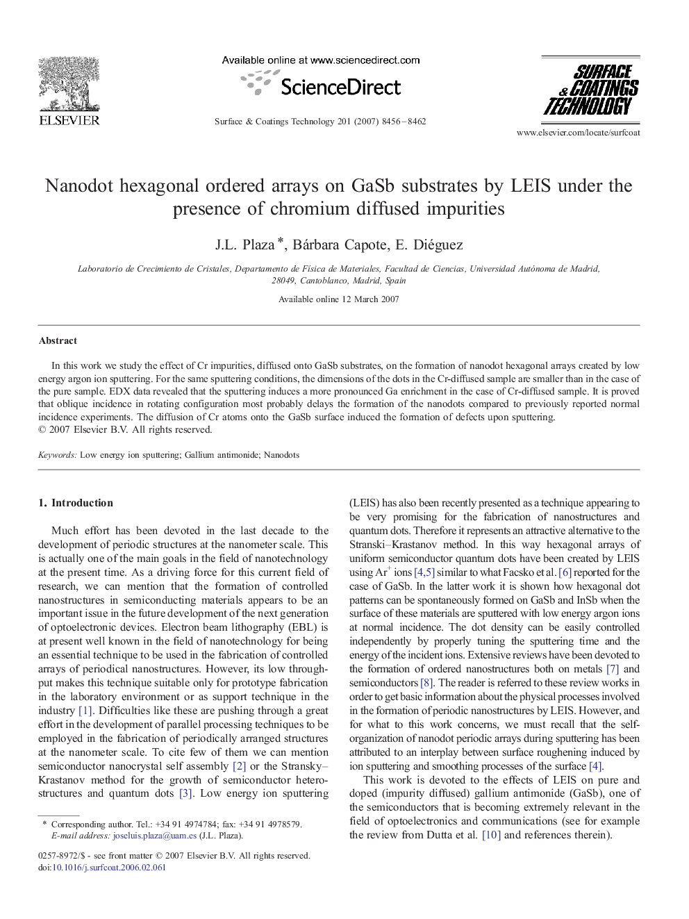 Nanodot hexagonal ordered arrays on GaSb substrates by LEIS under the presence of chromium diffused impurities