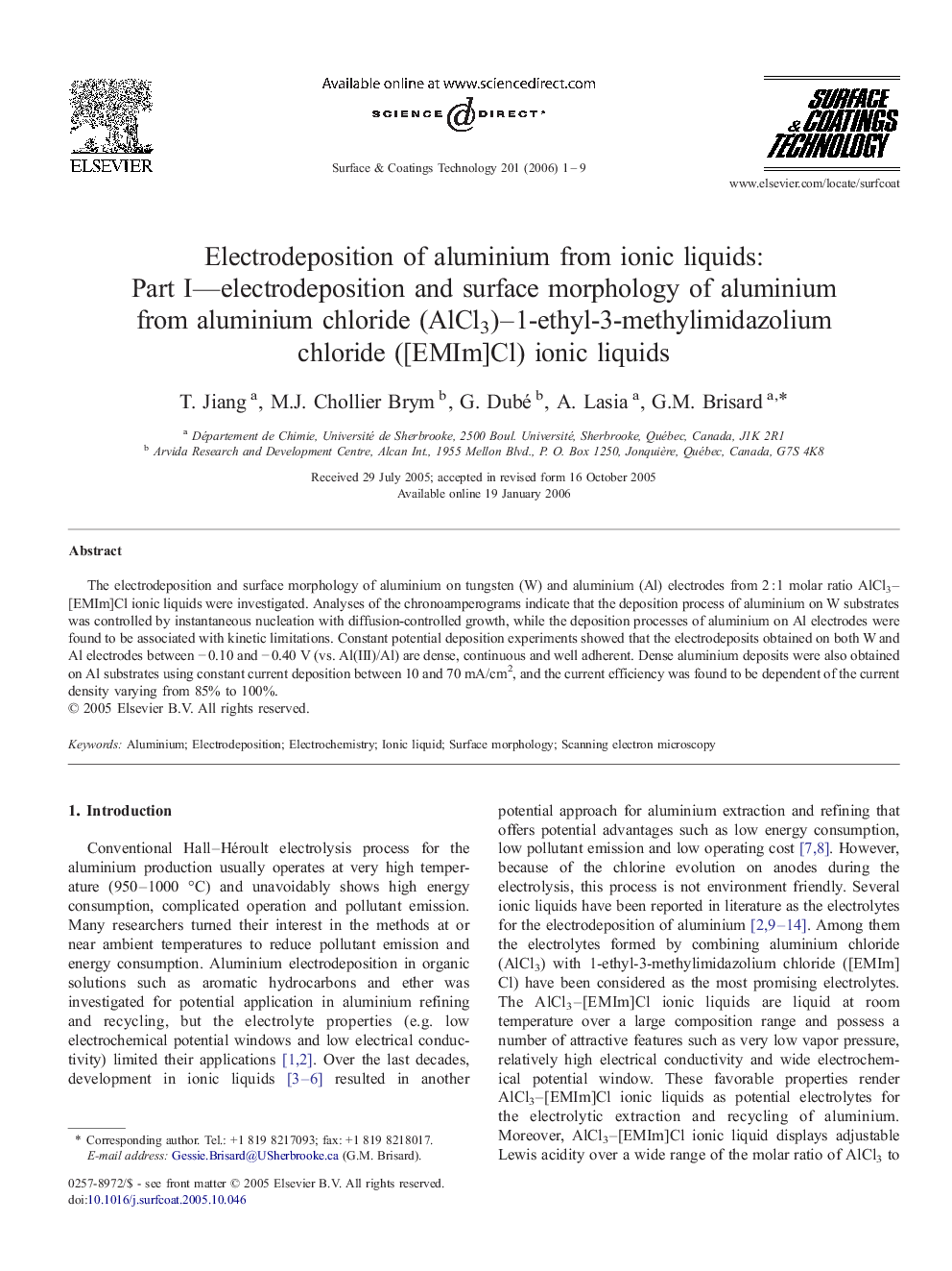 Electrodeposition of aluminium from ionic liquids: Part I-electrodeposition and surface morphology of aluminium from aluminium chloride (AlCl3)-1-ethyl-3-methylimidazolium chloride ([EMIm]Cl) ionic liquids