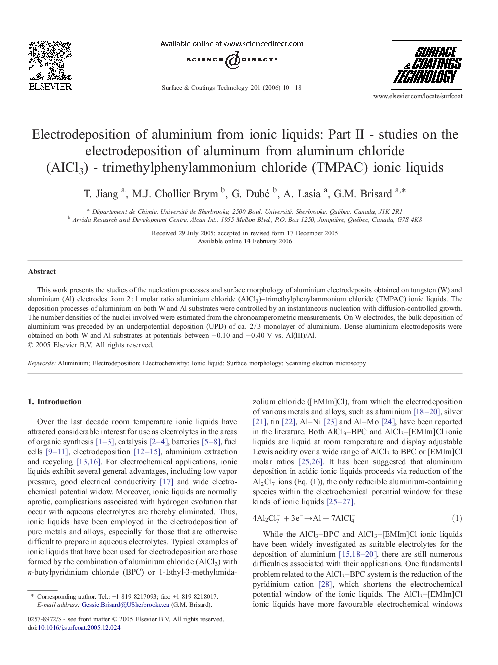 Electrodeposition of aluminium from ionic liquids: Part II - studies on the electrodeposition of aluminum from aluminum chloride (AICl3) - trimethylphenylammonium chloride (TMPAC) ionic liquids