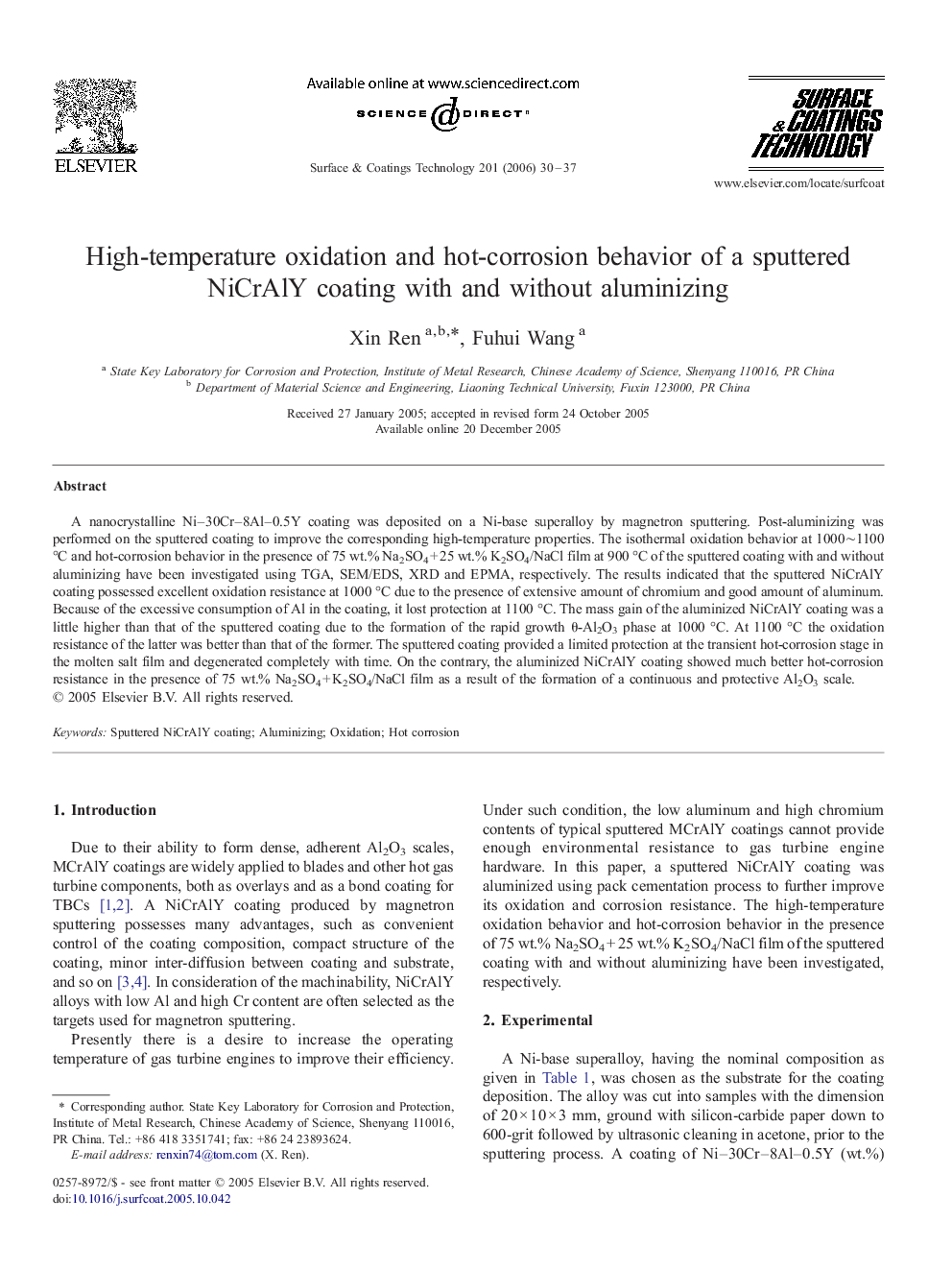 High-temperature oxidation and hot-corrosion behavior of a sputtered NiCrAlY coating with and without aluminizing