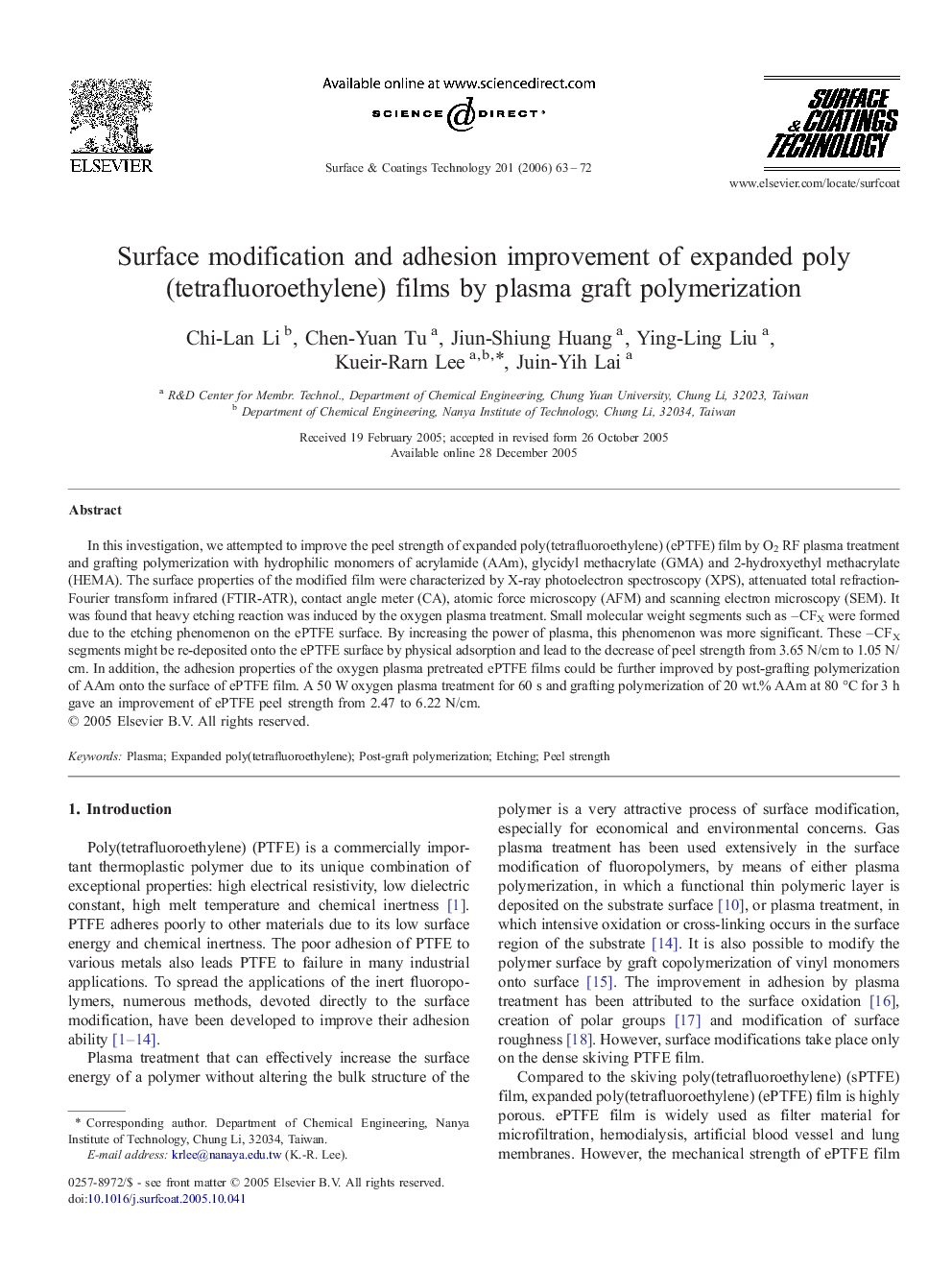 Surface modification and adhesion improvement of expanded poly(tetrafluoroethylene) films by plasma graft polymerization