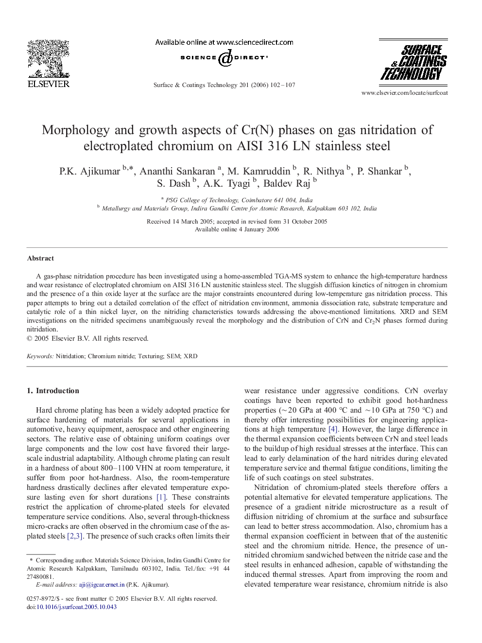 Morphology and growth aspects of Cr(N) phases on gas nitridation of electroplated chromium on AISI 316 LN stainless steel