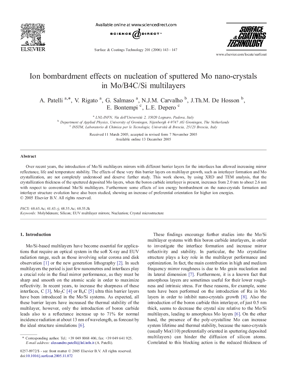 Ion bombardment effects on nucleation of sputtered Mo nano-crystals in Mo/B4C/Si multilayers